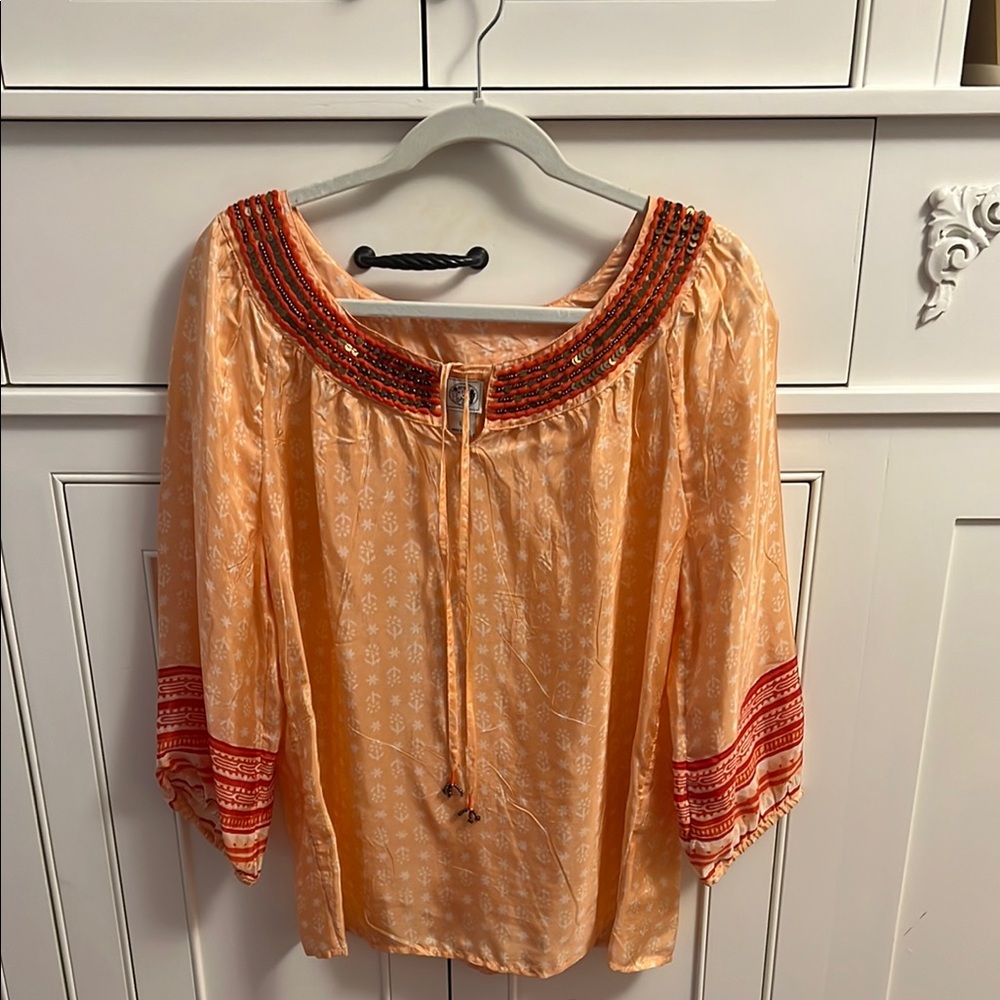 Orange Blouse with Tie Front and 3/4 Bell Sleeves